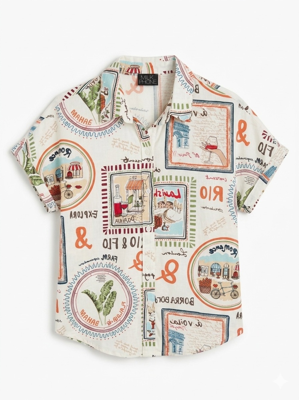 Short Sleeve Button-Front Shirt with Colorful Stamp Motif